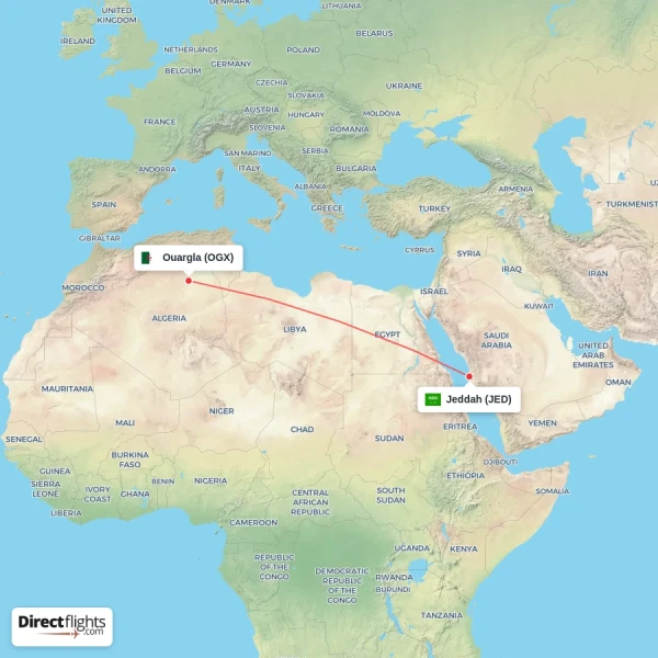 Jeddah - Ouargla direct flight map