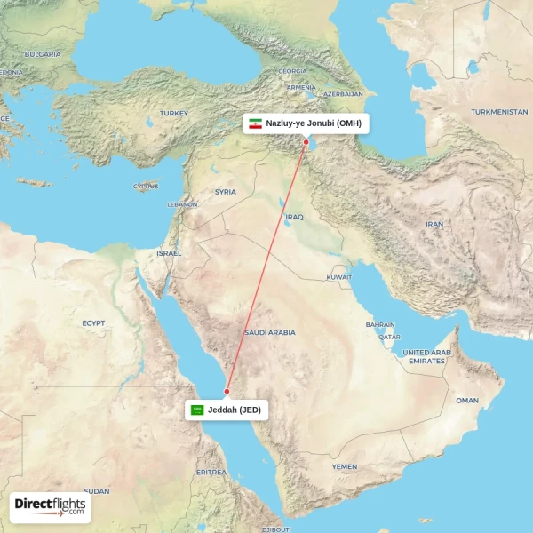 Jeddah - Nazluy-ye Jonubi direct flight map