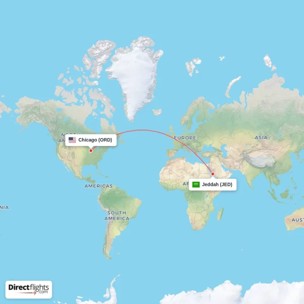 Jeddah - Chicago direct flight map