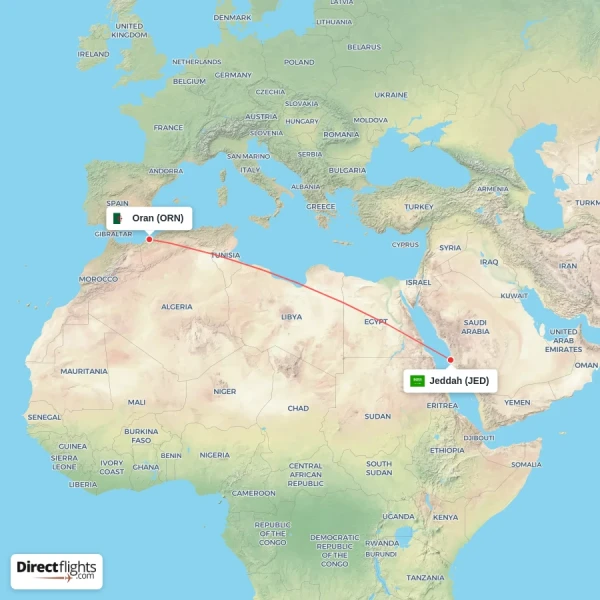 Jeddah - Oran direct flight map