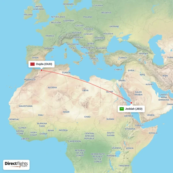 Jeddah - Oujda direct flight map