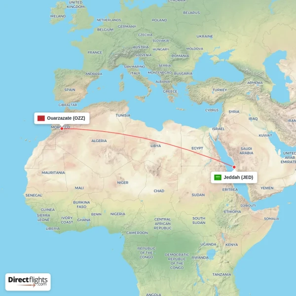 Jeddah - Ouarzazate direct flight map