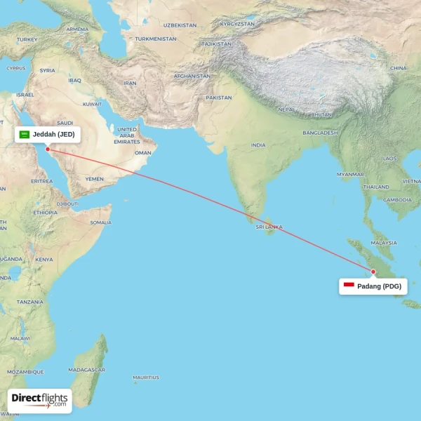 Jeddah - Padang direct flight map