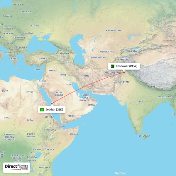 Jeddah - Peshawar direct flight map
