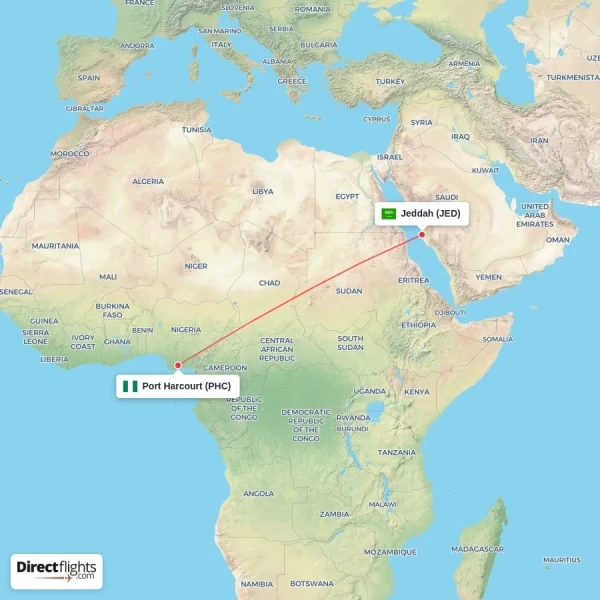 Jeddah - Port Harcourt direct flight map