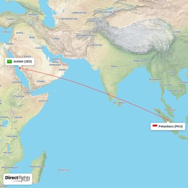 Jeddah - Pekanbaru direct flight map