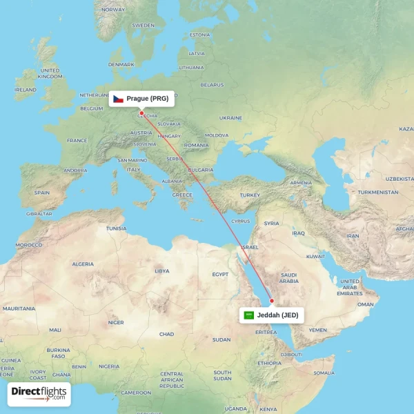 Jeddah - Prague direct flight map