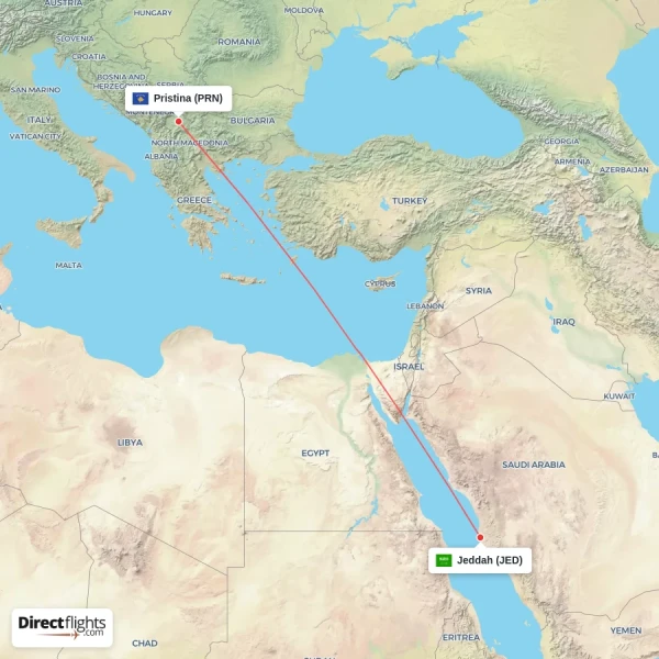 Jeddah - Pristina direct flight map