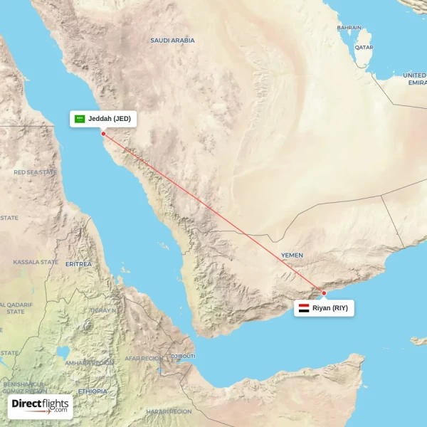 Jeddah - Riyan direct flight map