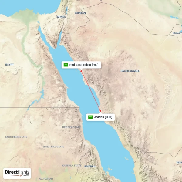 Jeddah - Red Sea Project direct flight map