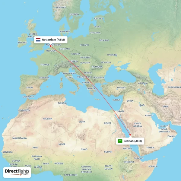 Jeddah - Rotterdam direct flight map