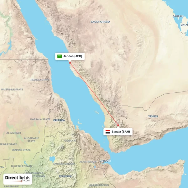 Jeddah - Sana'a direct flight map