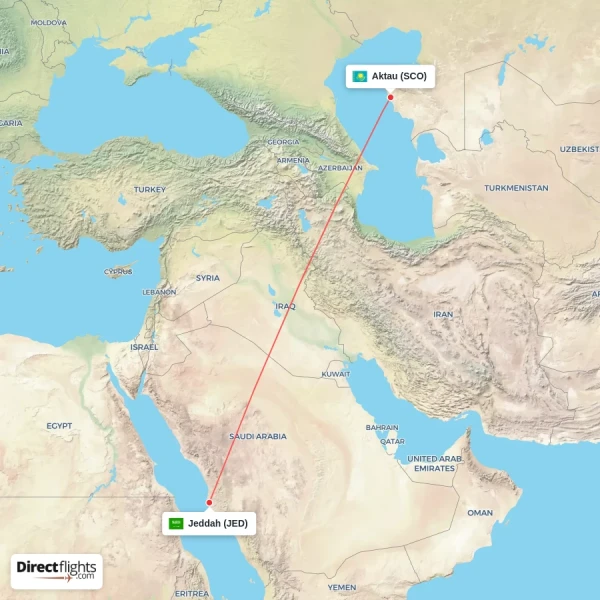 Jeddah - Aktau direct flight map