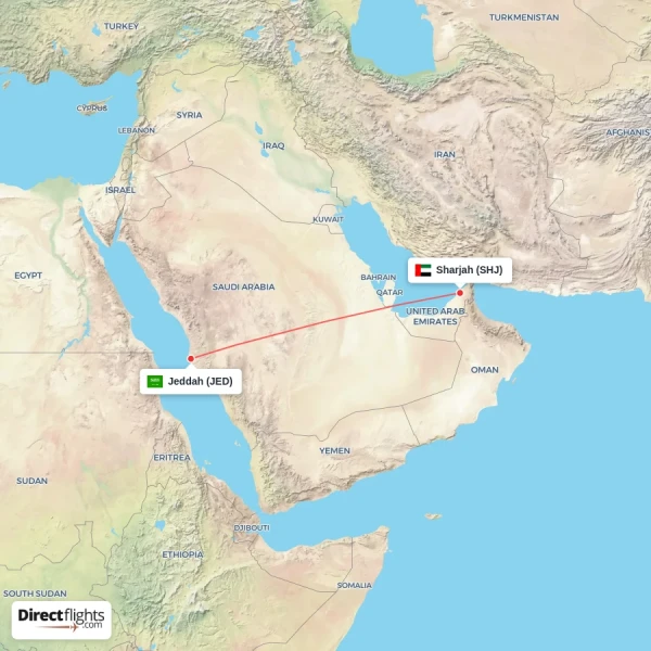 Jeddah - Sharjah direct flight map