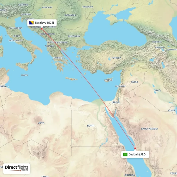 Jeddah - Sarajevo direct flight map