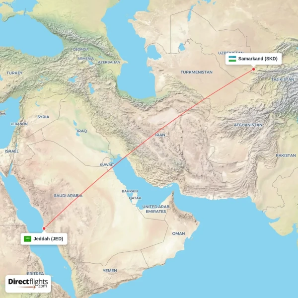 Jeddah - Samarkand direct flight map