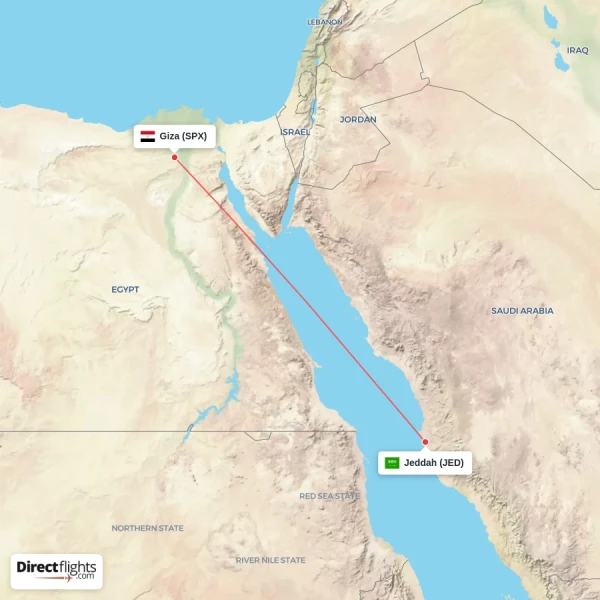 Jeddah - Giza direct flight map