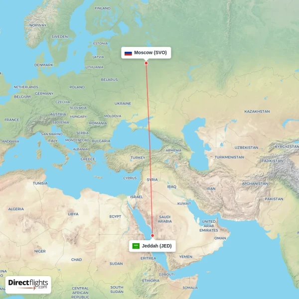 Jeddah - Moscow direct flight map