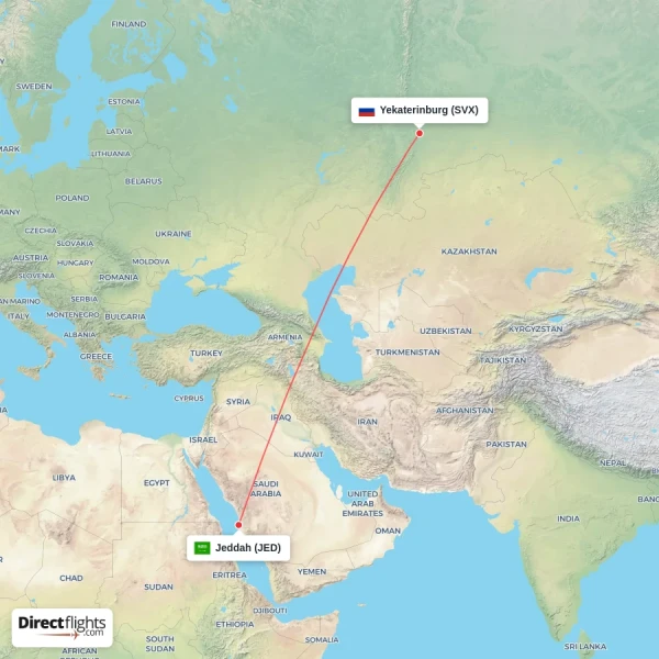 Jeddah - Yekaterinburg direct flight map