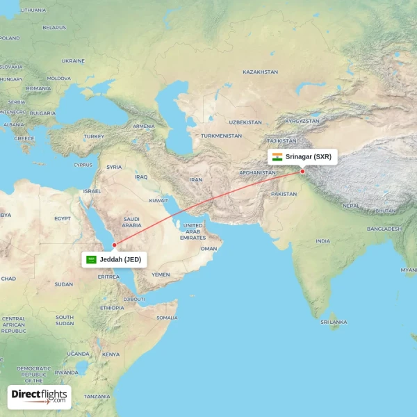 Jeddah - Srinagar direct flight map