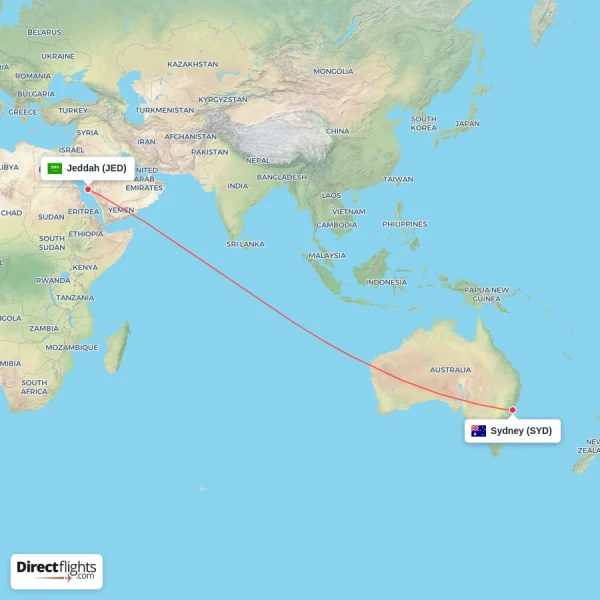 Jeddah - Sydney direct flight map