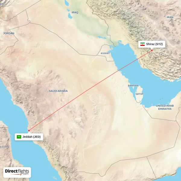 Jeddah - Shiraz direct flight map