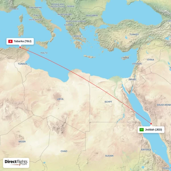 Jeddah - Tabarka direct flight map