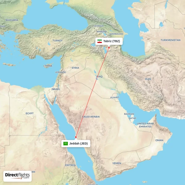 Jeddah - Tabriz direct flight map