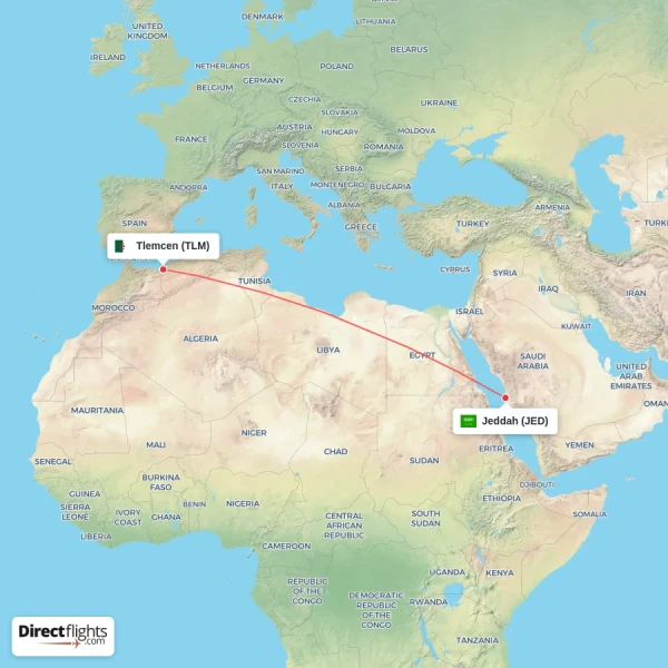 Jeddah - Tlemcen direct flight map