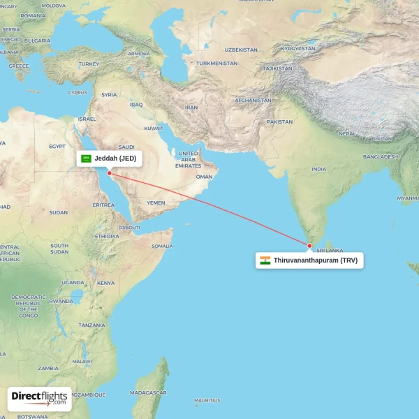 Jeddah - Thiruvananthapuram direct flight map