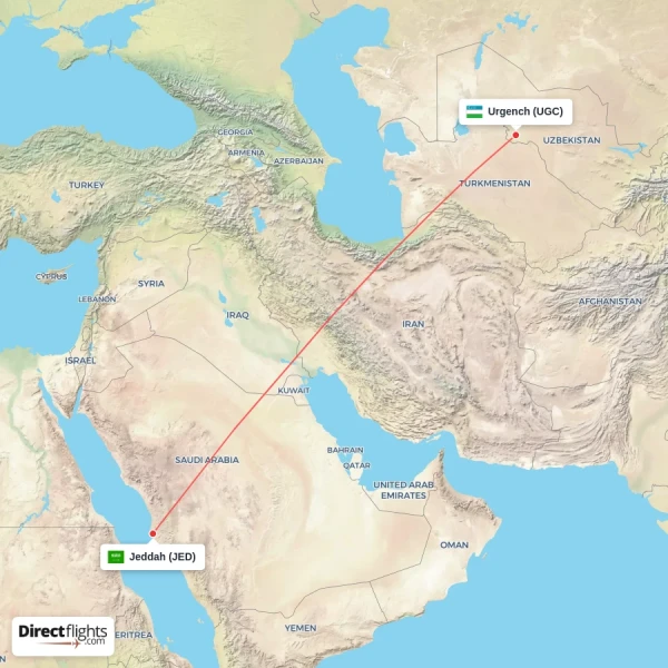 Jeddah - Urgench direct flight map
