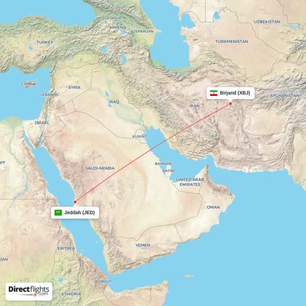 Jeddah - Birjand direct flight map