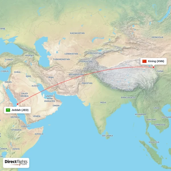 Jeddah - Xining direct flight map