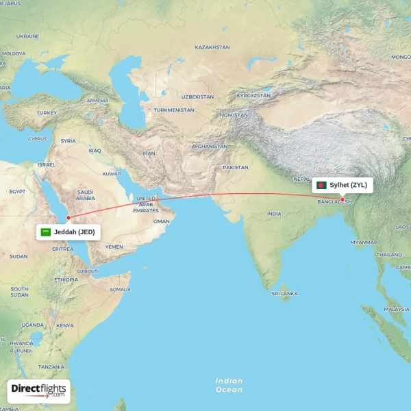 Jeddah - Sylhet direct flight map