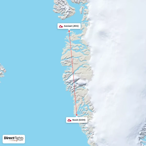 Aasiaat - Nuuk direct flight map
