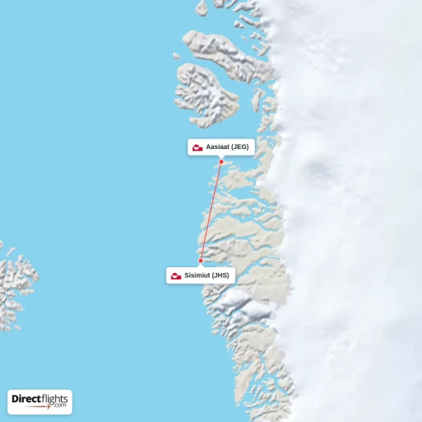Aasiaat - Sisimiut direct flight map