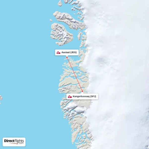 Aasiaat - Kangerlussuaq direct flight map