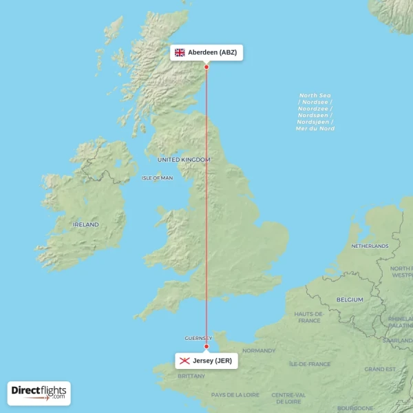 Jersey - Aberdeen direct flight map
