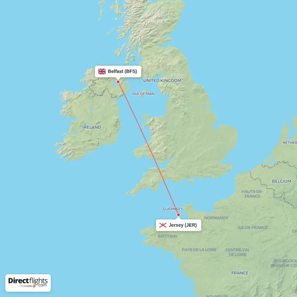 Jersey - Belfast direct flight map