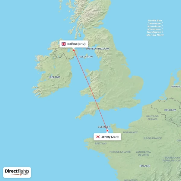 Jersey - Belfast direct flight map