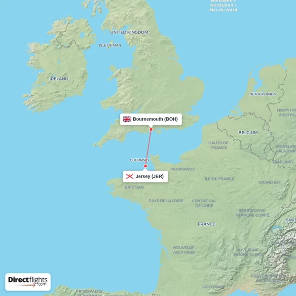 Jersey - Bournemouth direct flight map