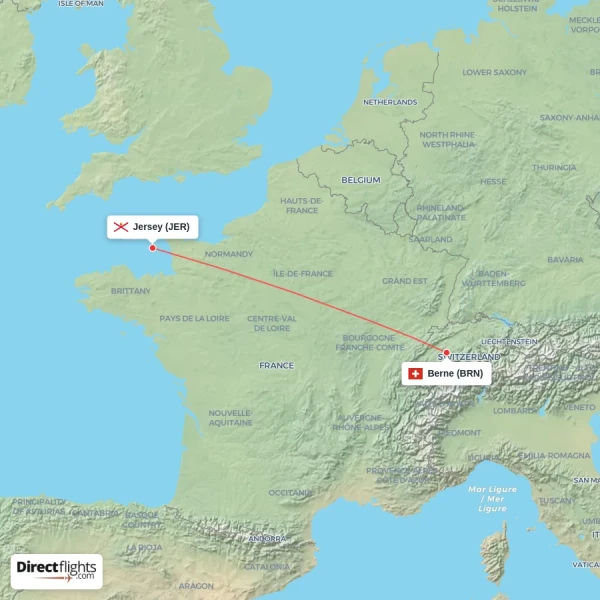 Jersey - Berne direct flight map
