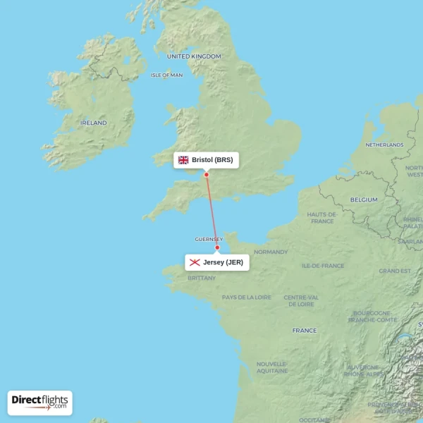 Jersey - Bristol direct flight map