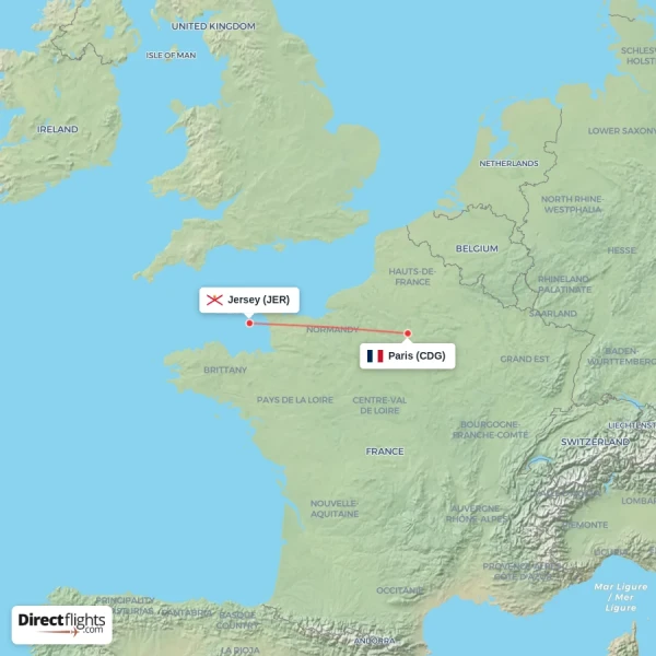 Jersey - Paris direct flight map