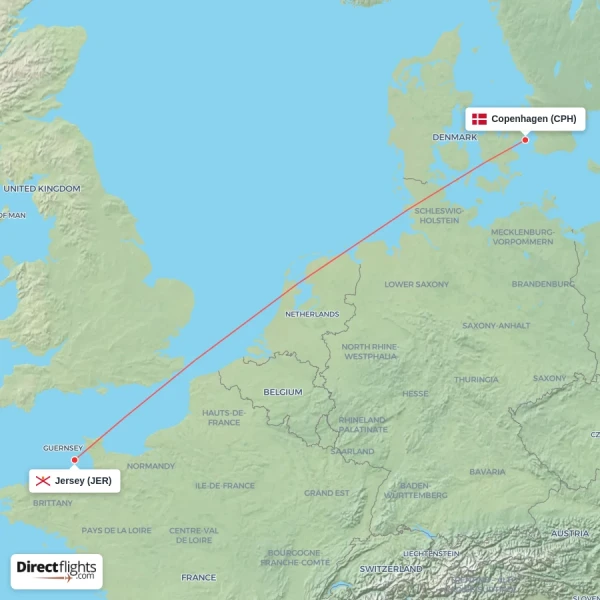 Jersey - Copenhagen direct flight map