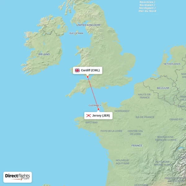 Jersey - Cardiff direct flight map