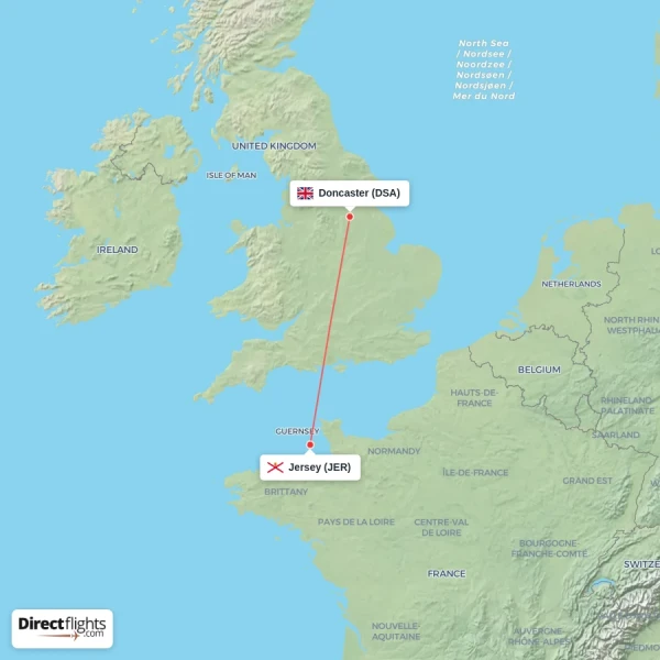 Jersey - Doncaster direct flight map