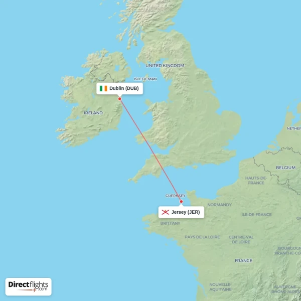 Jersey - Dublin direct flight map