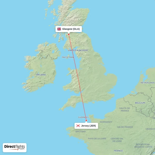Jersey - Glasgow direct flight map