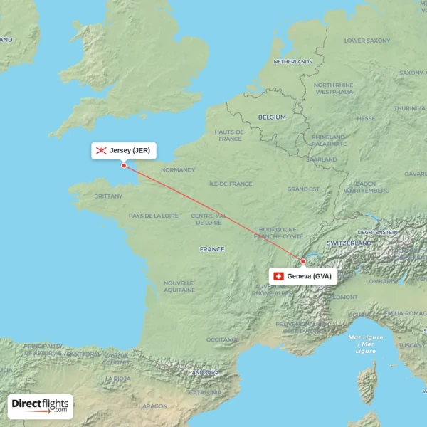 Jersey - Geneva direct flight map
